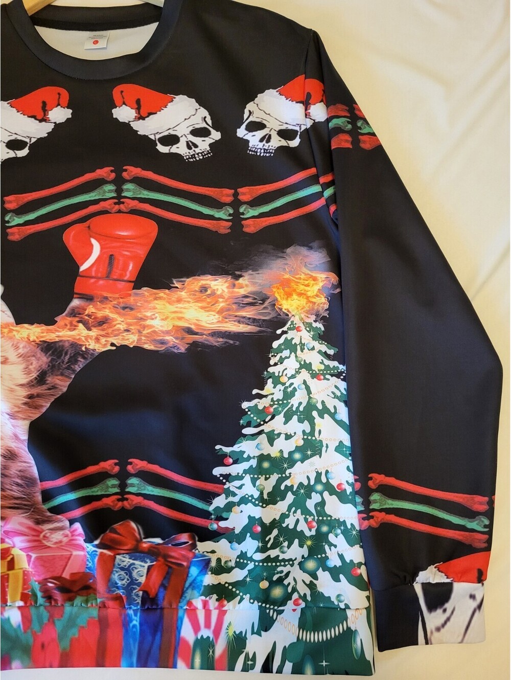 Funny Cat Boxing Fire-Breathing Christmas Sweater Ugly Xmas Unisex Pullover - Picture 4 of 9